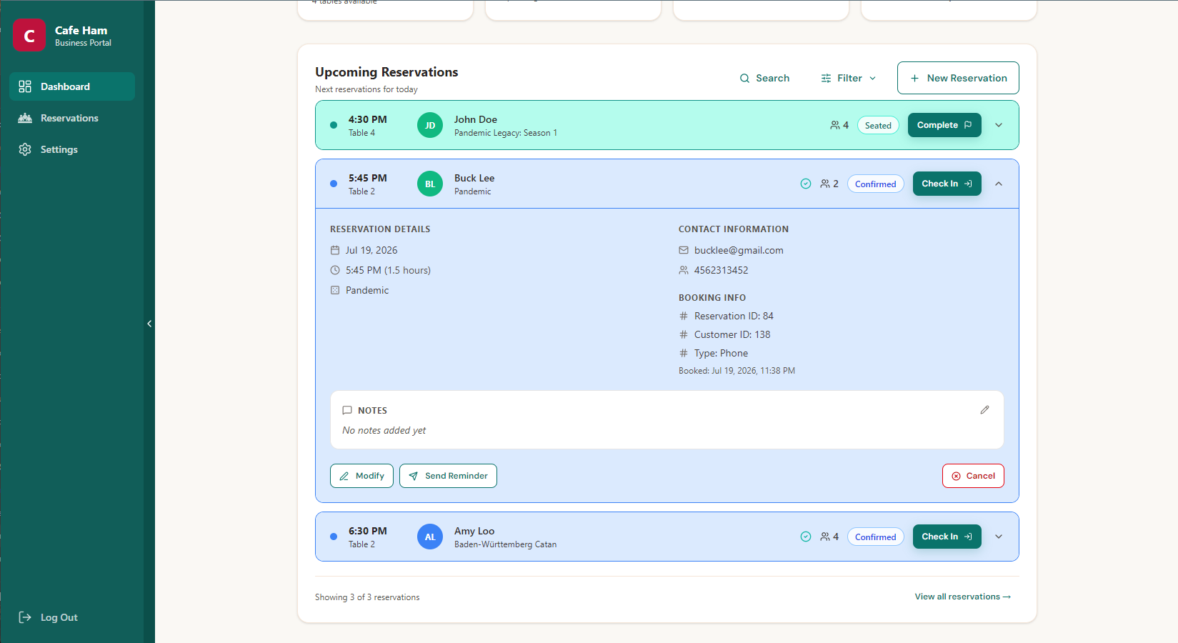 GATORE business portal dashboard showing reservations