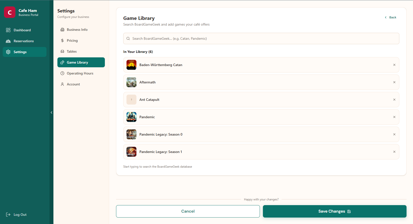 Business portal game library management