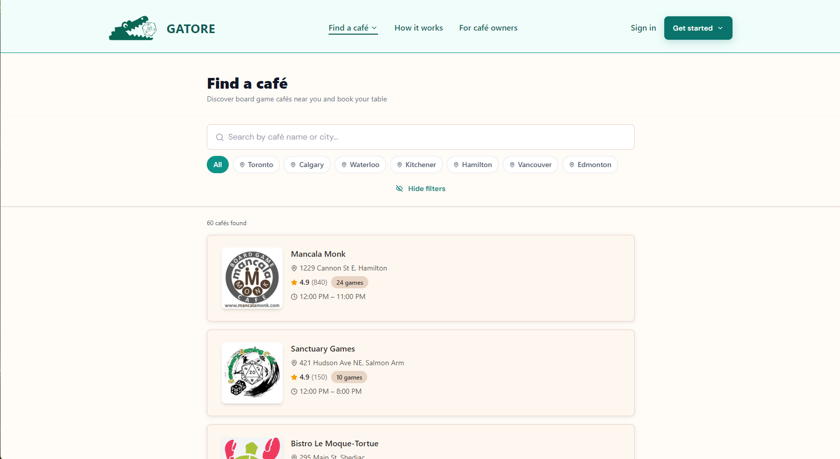Café discovery and browse page