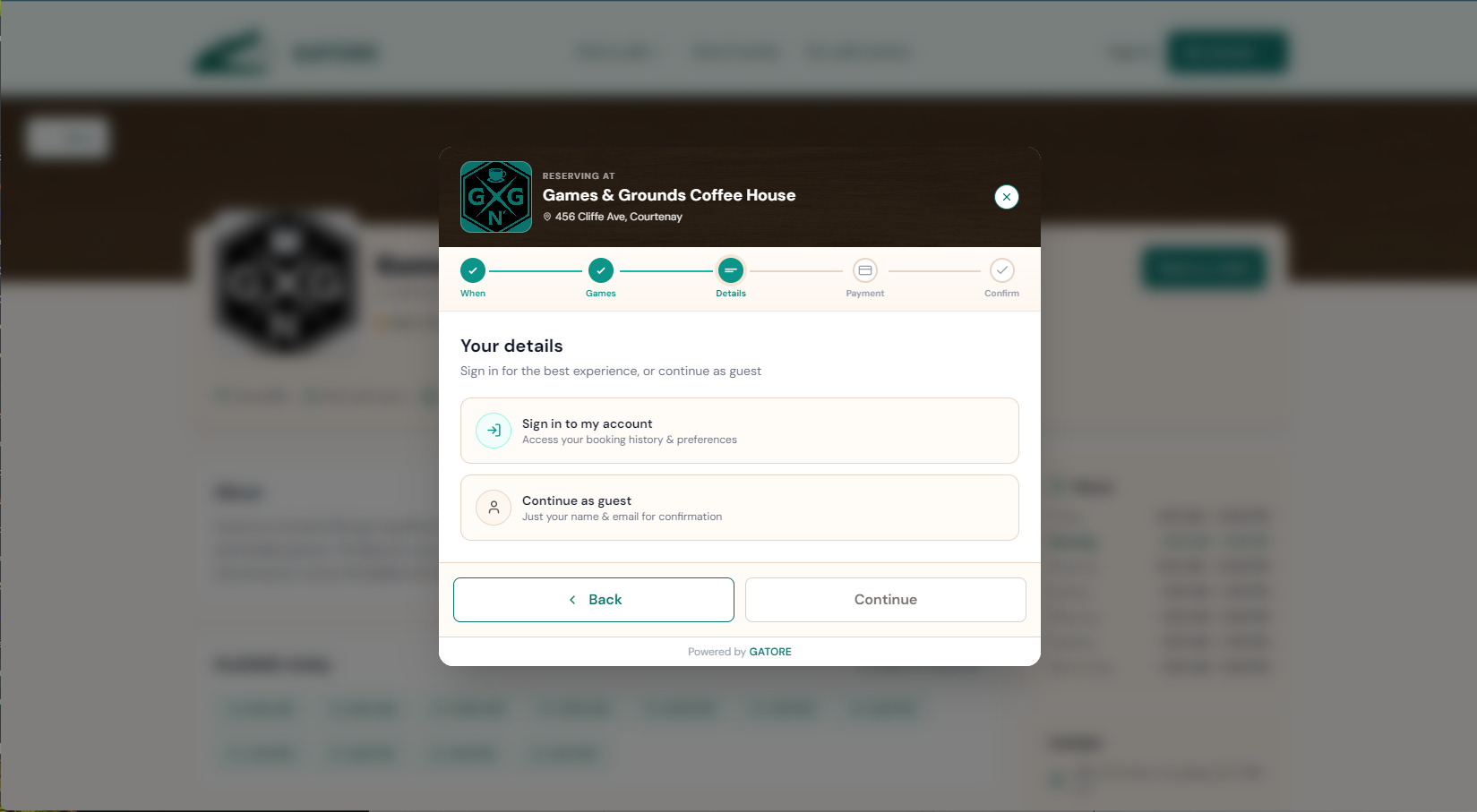 GATORE reservation flow, Your Details step, offering Sign in to my account or Continue as guest with just name and email