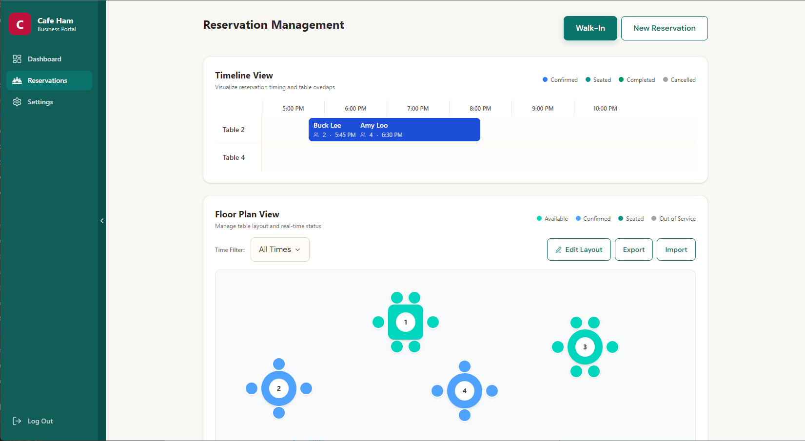 Business portal reservations management view