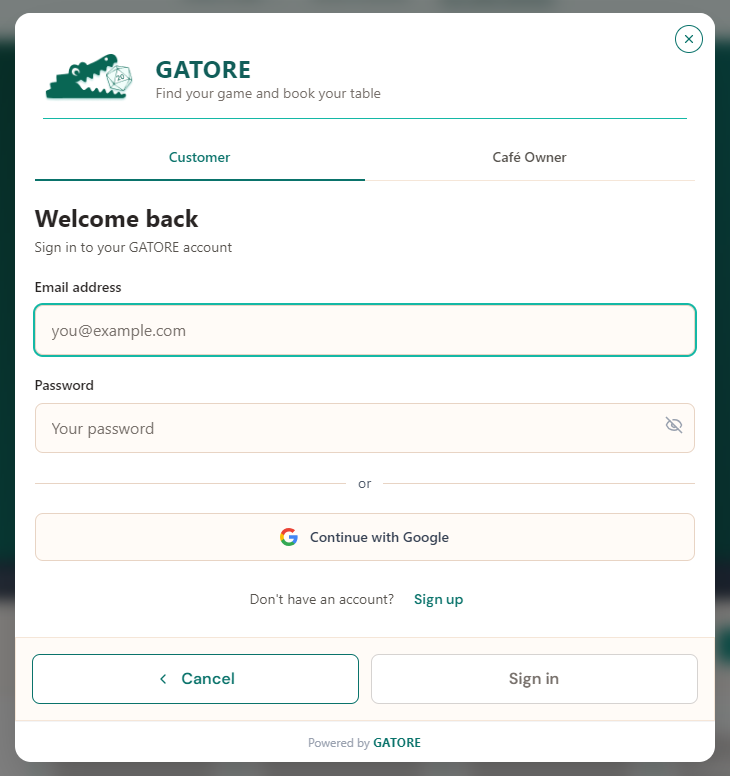 GATORE sign in page with Customer and Business tabs, and Get Started dropdown