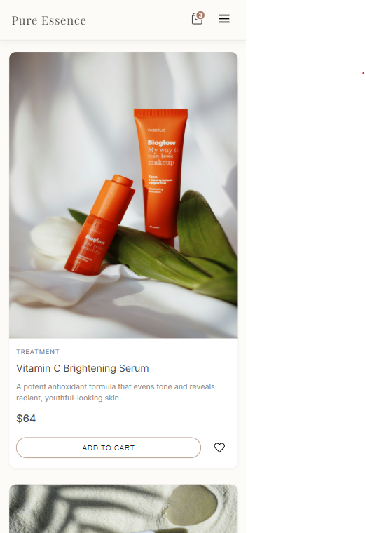 Pure Essence home page on mobile