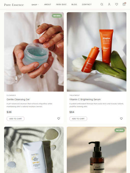 Pure Essence home page on tablet
