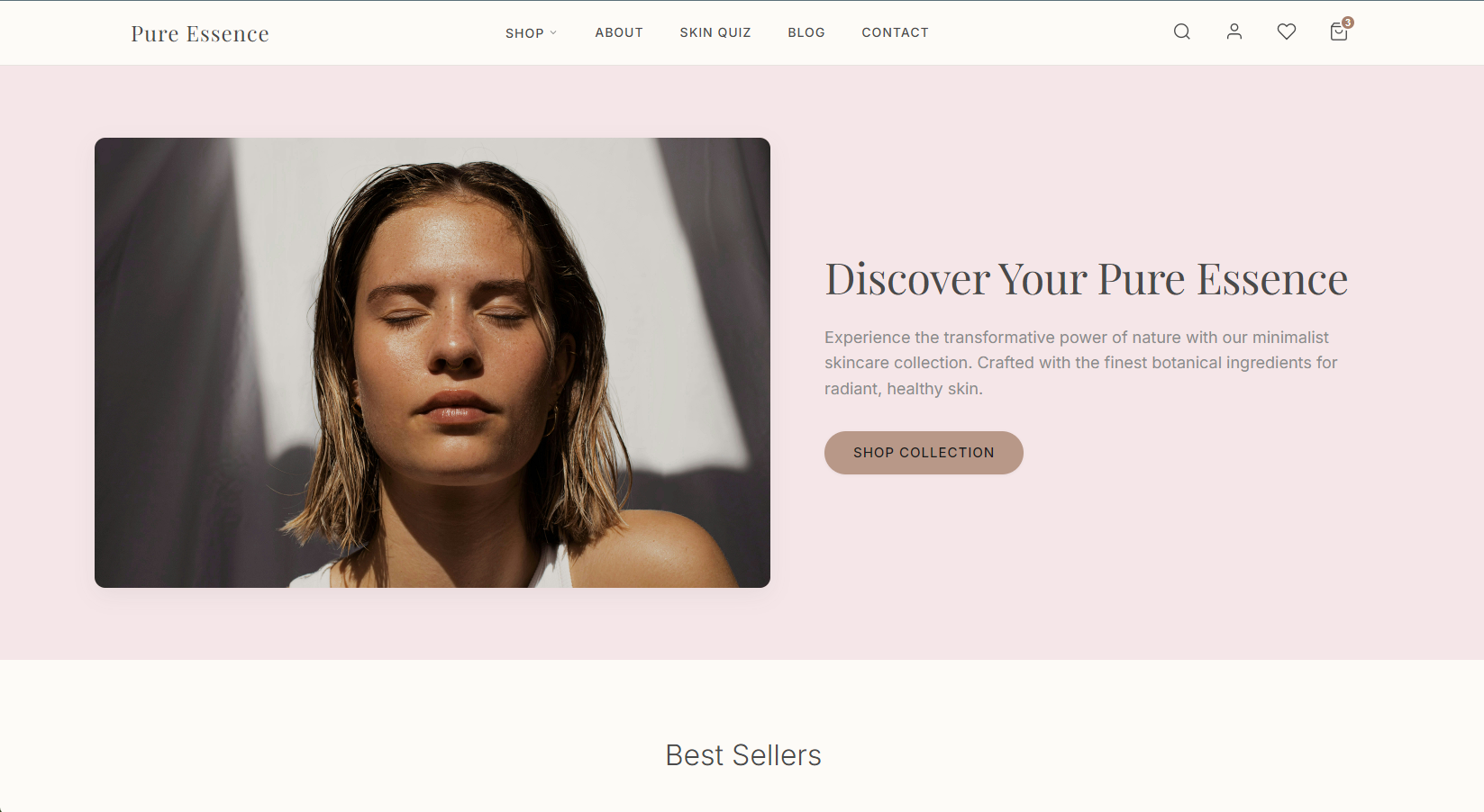 Pure Essence skincare website home page