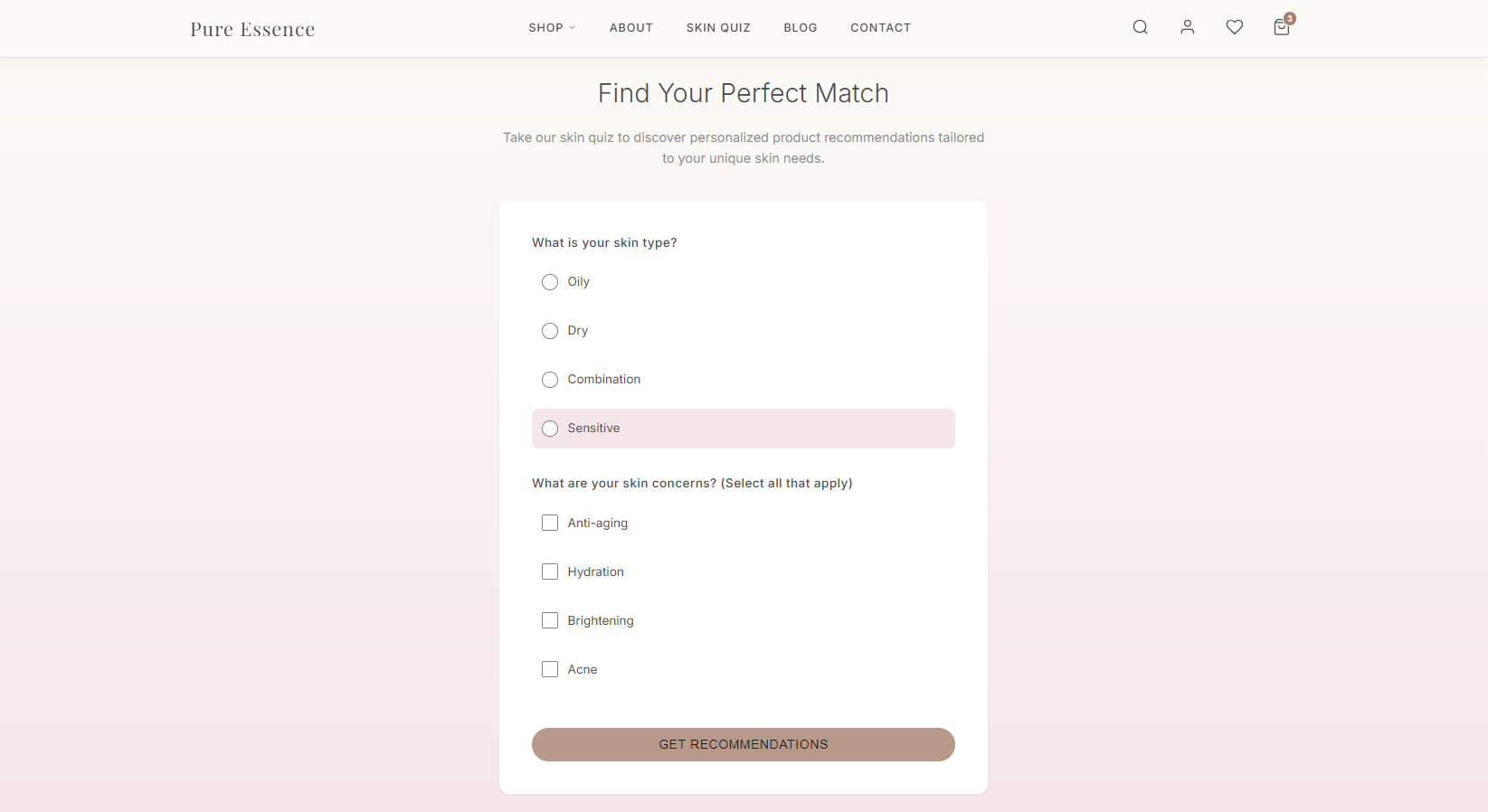Pure Essence skin quiz asking about skin type and concerns